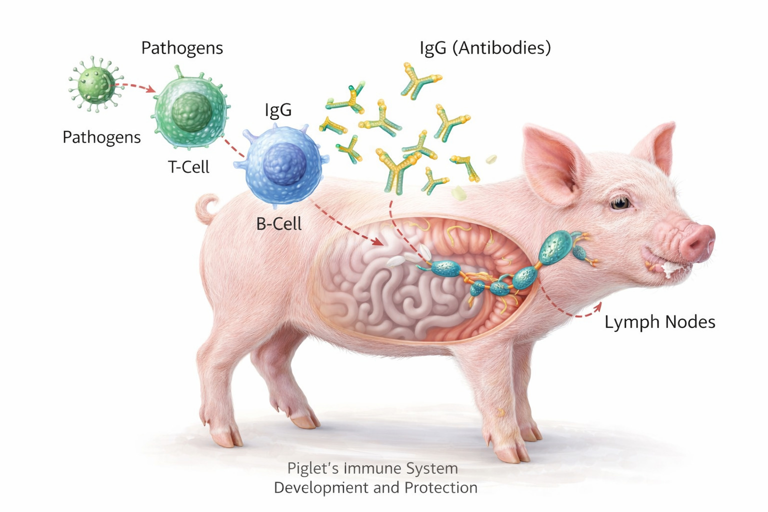 仔豬免疫系統發育與保護機制示意圖