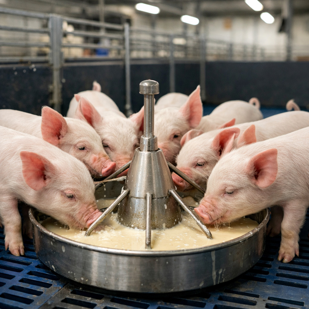 健康保育仔豬群採食人工乳場景